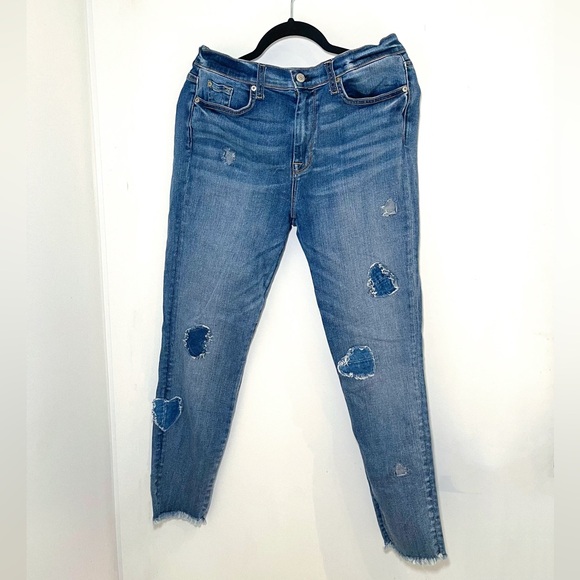 7 for all Mankind High-Rise Cropped Skinny Jeans w/ Heart Patches - Picture 3 of 6